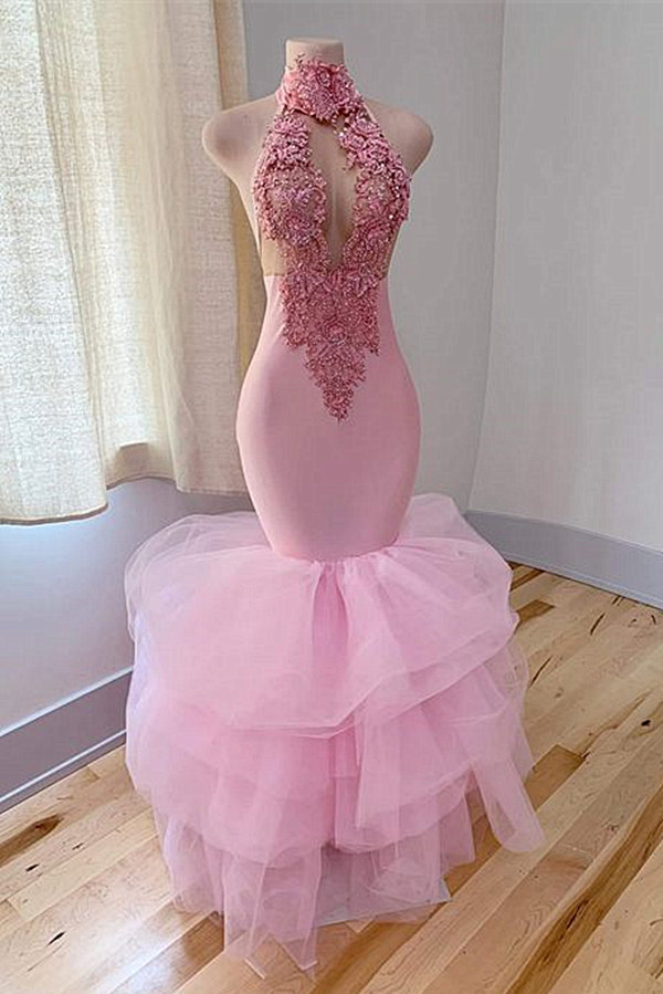 High Neck Mermaid Lace Prom Dress with Ruffles