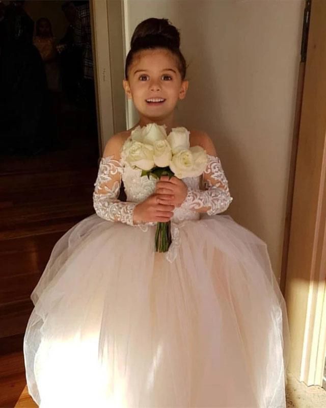 Chicloth Long Sleeve Tulle Lace Flower Girl Dress With Bowknot