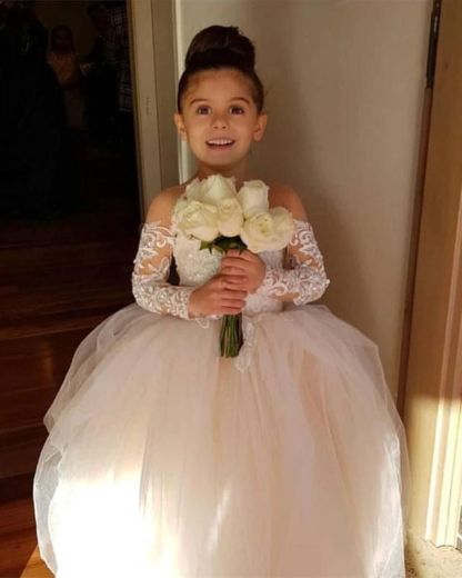 Chicloth Long Sleeve Tulle Lace Flower Girl Dress With Bowknot