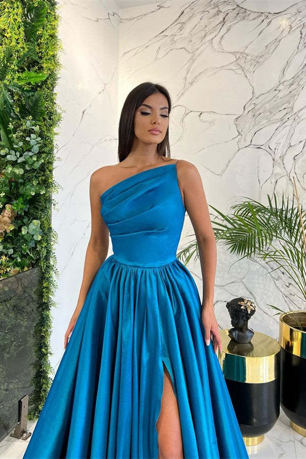 Chicloth Ocean Blue One Shoulder Prom Dress Long Split Online