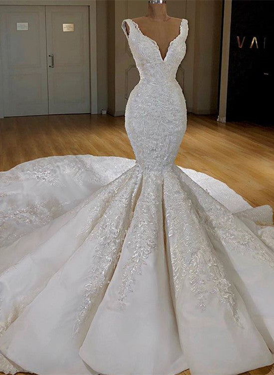 Chicloth Sexy White Mermaid Ruffles Wedding Dresses Straps Sleeveless V-neck Bridal Gowns With Appliques Online