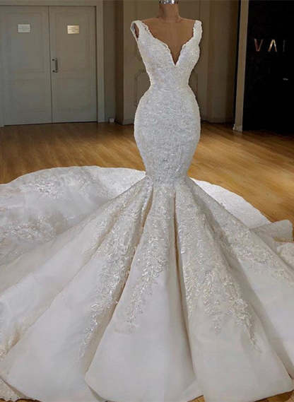 Chicloth Sexy White Mermaid Ruffles Wedding Dresses Straps Sleeveless V-neck Bridal Gowns With Appliques Online