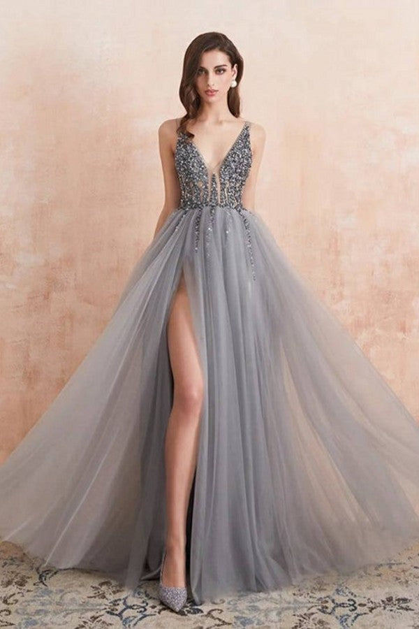Chicloth Charming V-Neck Tulle Prom Dress Long Evening Party Gowns With Lace Appliques