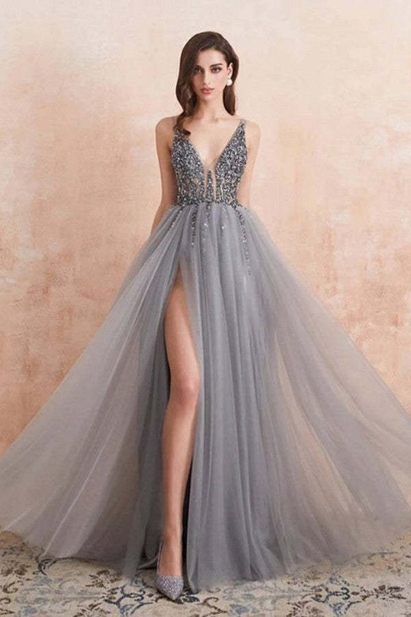 Chicloth Charming V-Neck Tulle Prom Dress Long Evening Party Gowns With Lace Appliques