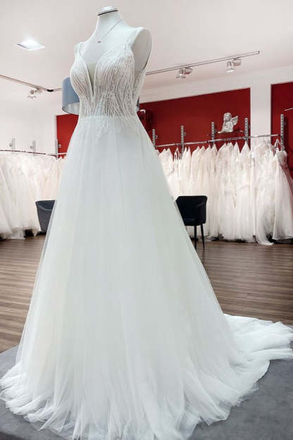Chicloth Breath-taking Tulle V Neck Sequins Ruffles A-Line Wedding Dresses