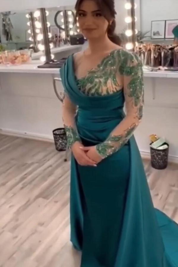 Long Sleeves V-Neck Blue Mermaid Prom Dress with Train