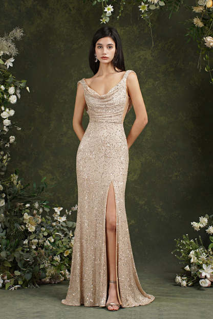Chicloth Sequins Mermaid Bridesmaid Dress Split With Drop Back