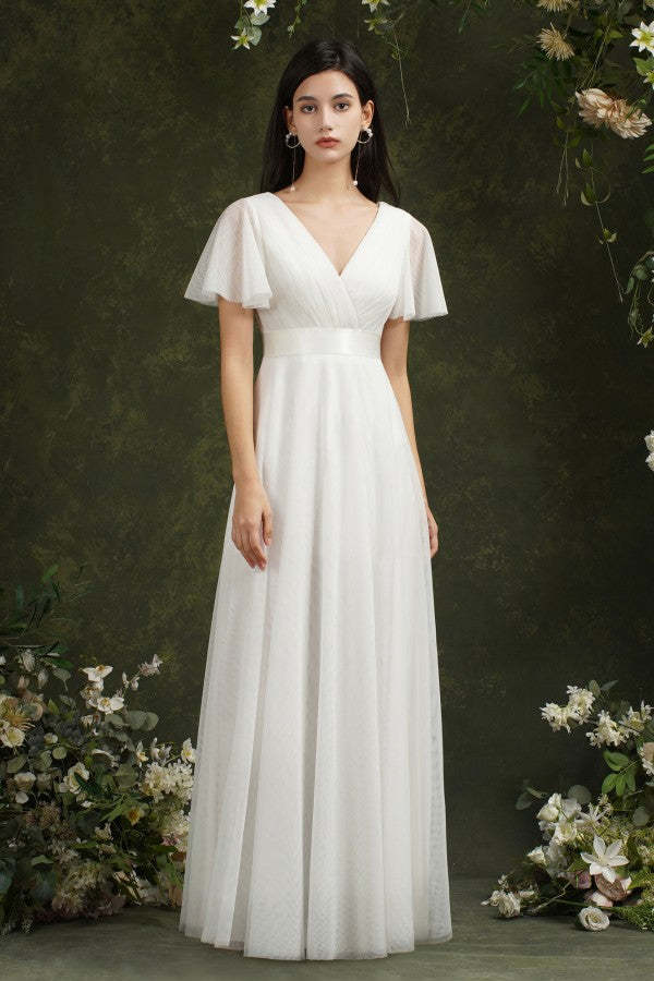 Chicloth Short Sleeves White Birdesmaid Dress Long Chiffon V-Neck