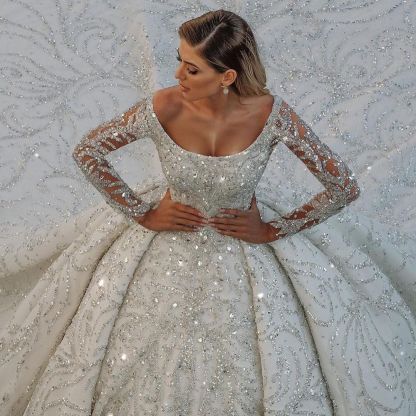 Chicloth Long Sleeve Ball Gown Wedding Dress With Beads