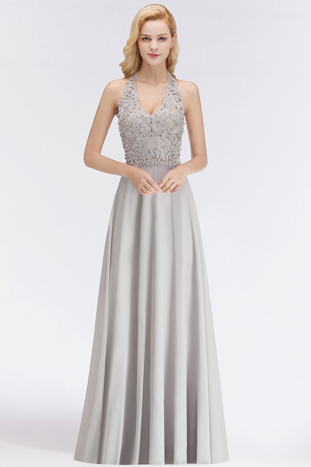 Chicloth A-line Halter Chiffon Lace Bridesmaid Dress with Beadings