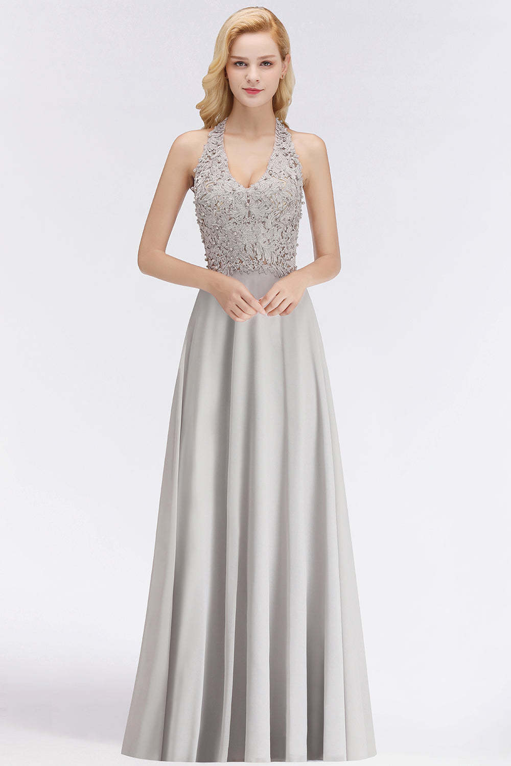 Chicloth A-line Halter Chiffon Lace Bridesmaid Dress with Beadings