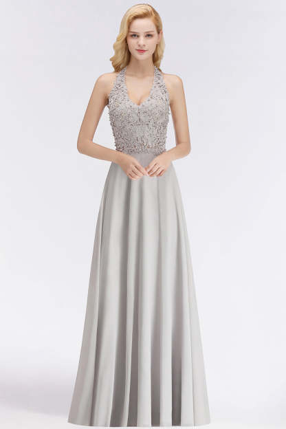 Chicloth A-line Halter Chiffon Lace Bridesmaid Dress with Beadings
