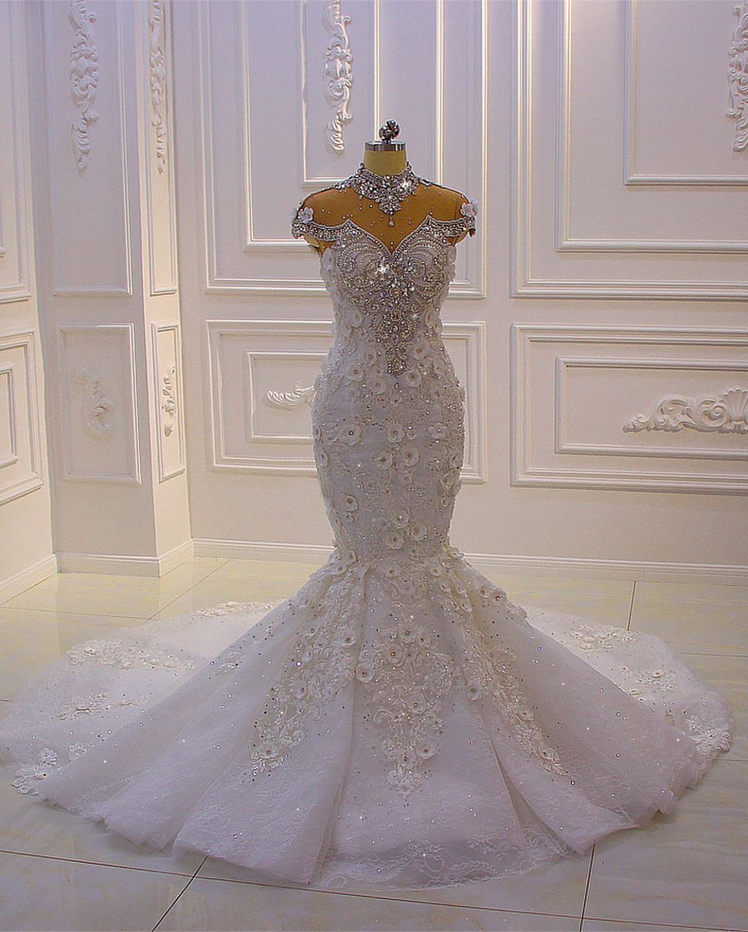 Off the shoulder sweetheart gems luxury flowers wedding dress
