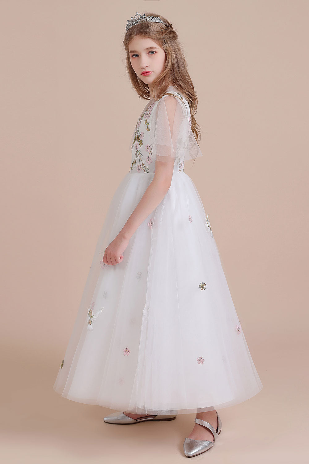 Chicloth A-Line Short Sleeve Embroidered Tulle Flower Girl Dress On Sale