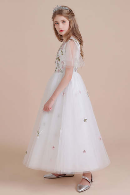 Chicloth A-Line Short Sleeve Embroidered Tulle Flower Girl Dress On Sale