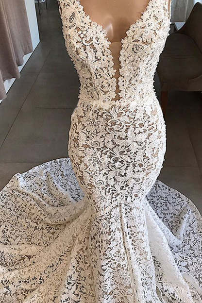 Chicloth Unique White Mermaid Lace Wedding Dresses Straps Sleeveless Bridal Gowns With Appliques Online