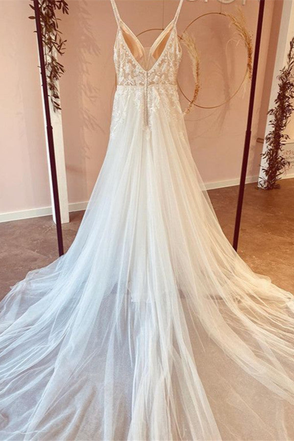 Chicloth Spaghetti-Straps V-Neck Wedding Dress Tulle Long