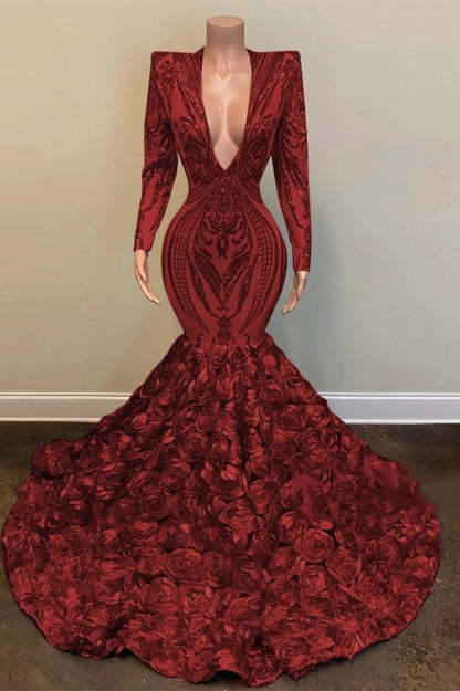 Chicloth Long Sleeves Prom Dress Mermaid Burgundy V-Neck With Flowers Bottom