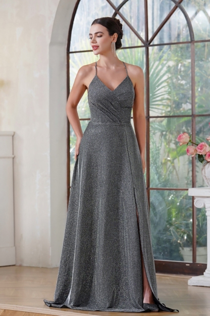 Long Grey Evening Dress Sleeveless Halter