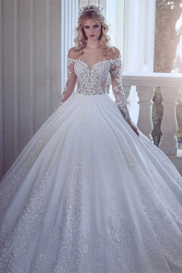 Gorgeous Off-Shoulder Long Sleeve Lace Applique Ball Gown Wedding Dress