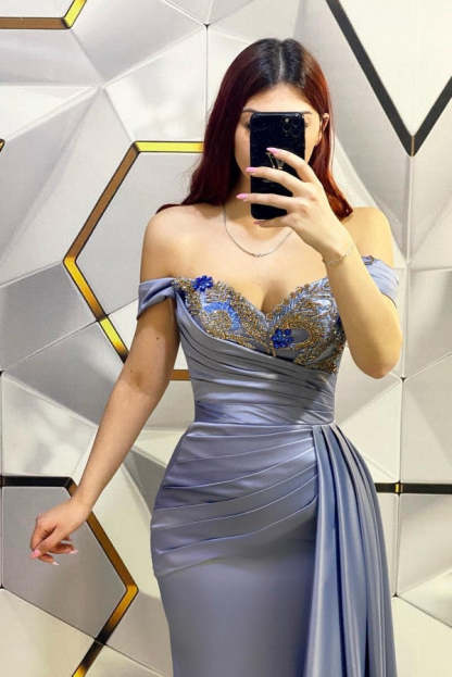 Chicloth Blue Off-the-Shoulder Prom Dress Mermaid With Ruffles