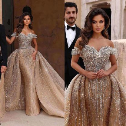 Unique Off-the-Shoulder Crystal  A-Line Wedding Dresses with Train