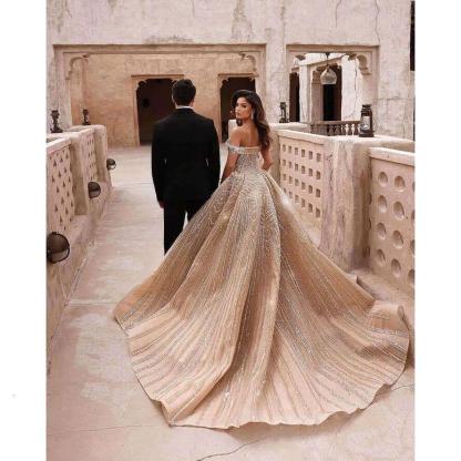 Unique Off-the-Shoulder Crystal  A-Line Wedding Dresses with Train