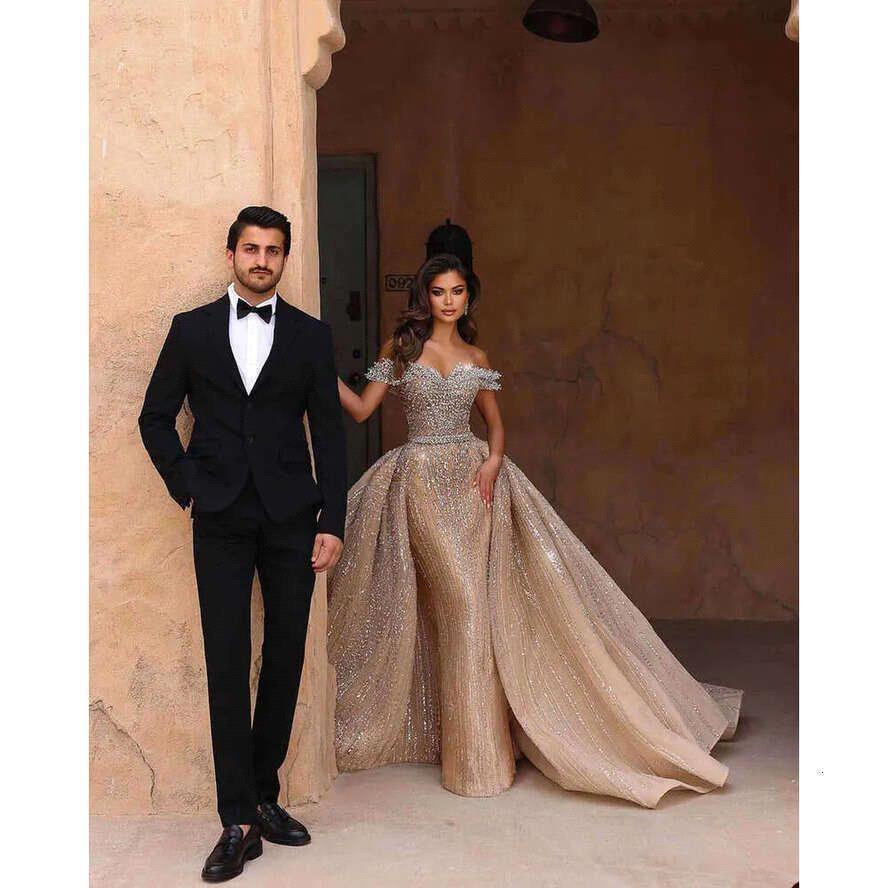 Unique Off-the-Shoulder Crystal  A-Line Wedding Dresses with Train