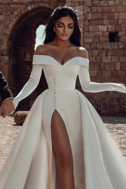 Chicloth Long Sleeves Wedding Dress Off-the-Shoulder With Slit