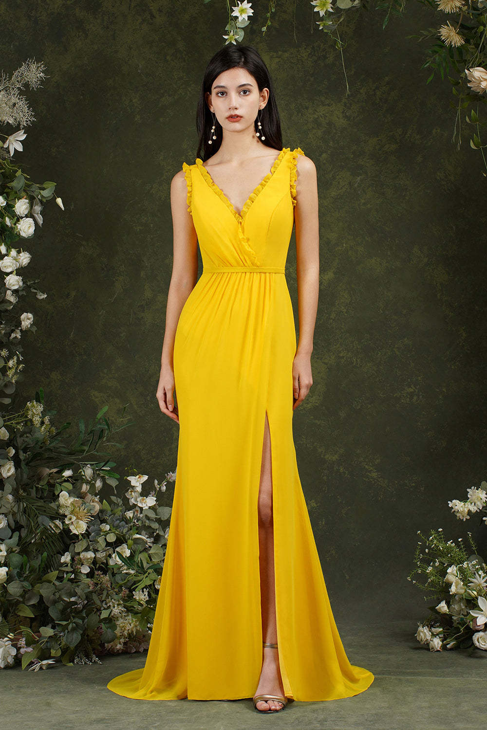 Chicloth V-Neck Bridesmaid Dress Chiffon With Slit