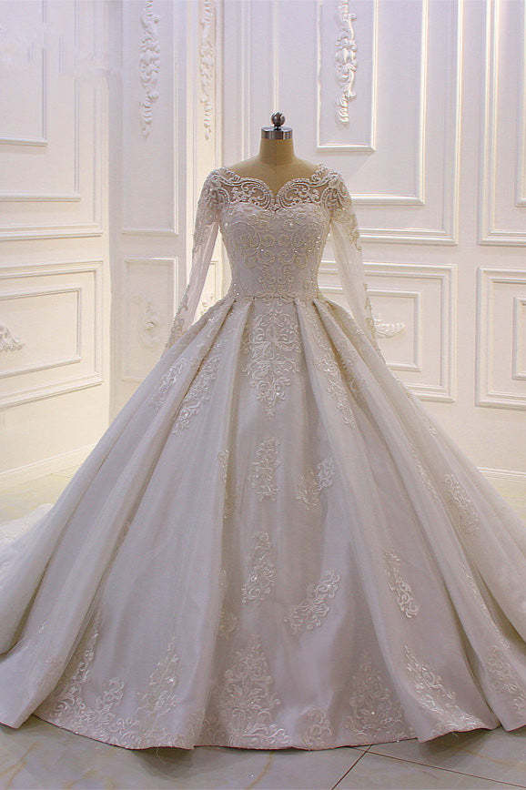 Chicloth Luxury Satin Tulle Ruffle Wedding Dress Long Sleeves Appliques Beadings Bridal Gowns On sale