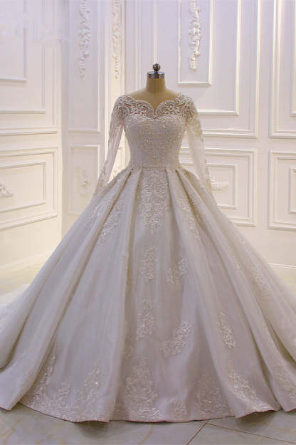 Chicloth Luxury Satin Tulle Ruffle Wedding Dress Long Sleeves Appliques Beadings Bridal Gowns On sale