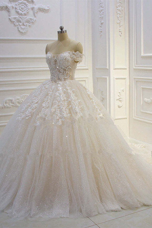 Chicloth Luxury Ball Gown Strapless Tulle Wedding Dress Lace Appliques Sleeveless Sequined Bridal Gowns On Sale