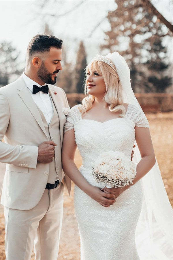 Chicloth Cap Sleeves Sequins Wedding Dress Mermaid Long