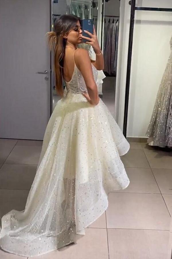 Chicloth V-Neck Sleeveless Daffodil Prom Dresses Hi-Lo With Sequins Beads