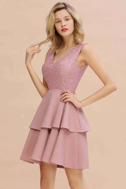 Chicloth Lovely Sleeveless Lace Short Prom Dress Mini Party Gowns With Two Layers