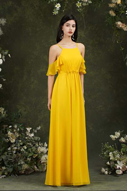 Chicloth Halter Chiffon Bridesmaid Dress Long WIth Ruffle