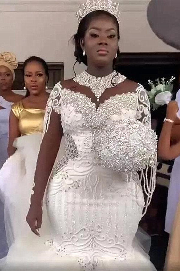 Chicloth Long Sleeves Mermaid Wedding Dress Lace Appliques Tulle