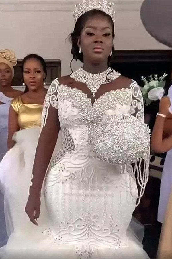 Chicloth Long Sleeves Mermaid Wedding Dress Lace Appliques Tulle