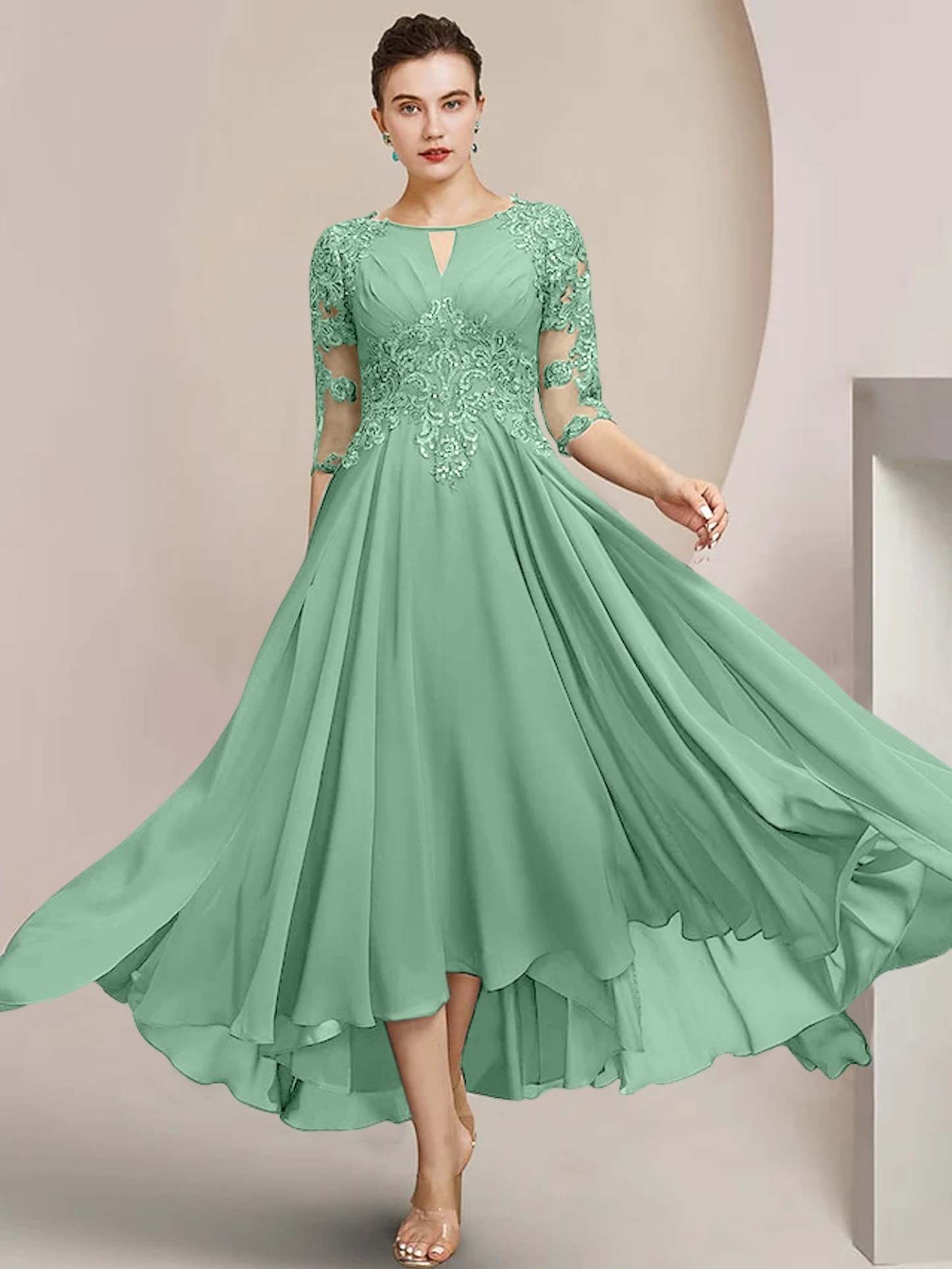 Scoop Neck Tea-Length A-Line Mother of the Bride Princess Dress