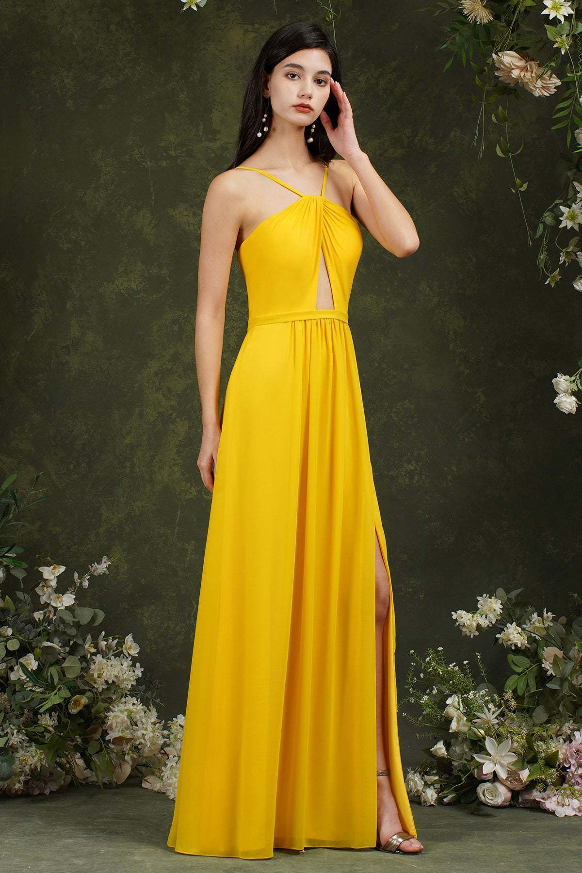 Chicloth Halter Bridesmaid Dress Long Side Slit