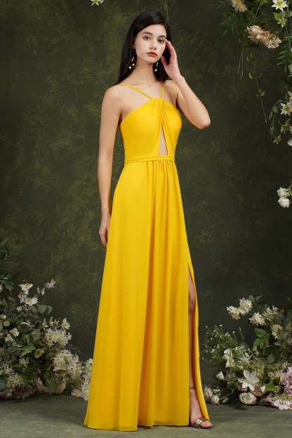 Chicloth Halter Bridesmaid Dress Long Side Slit