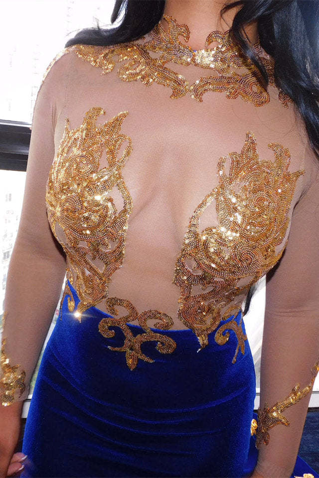 Chicloth Royal Blue Velvet Prom Dress Mermaid With Gold Sequins