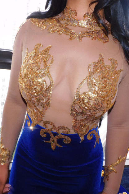 Chicloth Royal Blue Velvet Prom Dress Mermaid With Gold Sequins