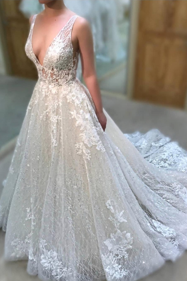 Shiny V-Neck A-Line Wedding Dress with Appliques