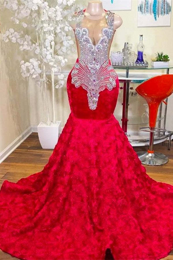 Chicloth Red Prom Dress Mermaid Sleeveless With Beads