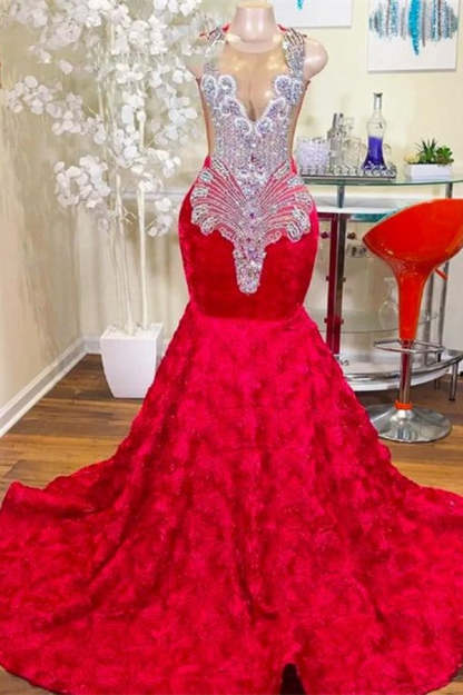 Chicloth Red Prom Dress Mermaid Sleeveless With Beads