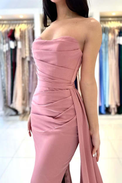 Chicloth Dusty Pink Prom Dress Mermaid Strapless With Pleats Split