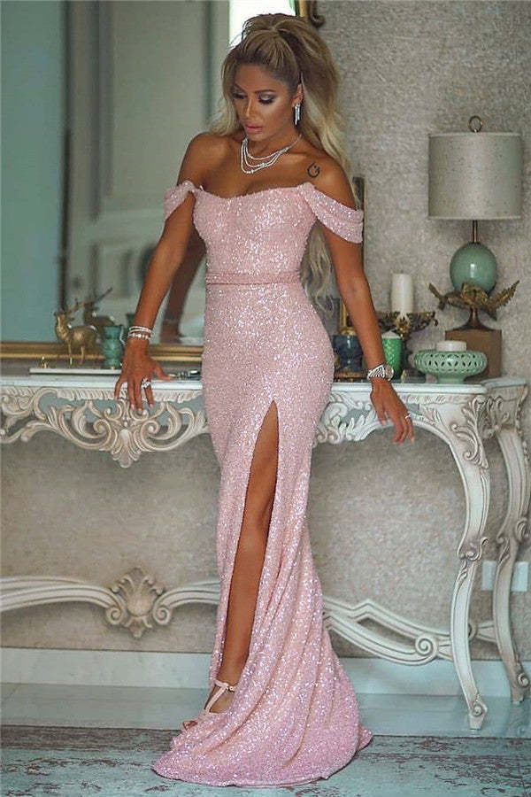Chicloth Pink Sequins Mermaid Prom Dress Off-the-Shoulder Slit Party Dress