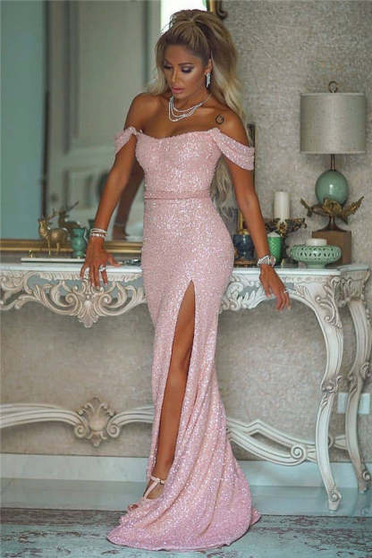 Chicloth Pink Sequins Mermaid Prom Dress Off-the-Shoulder Slit Party Dress